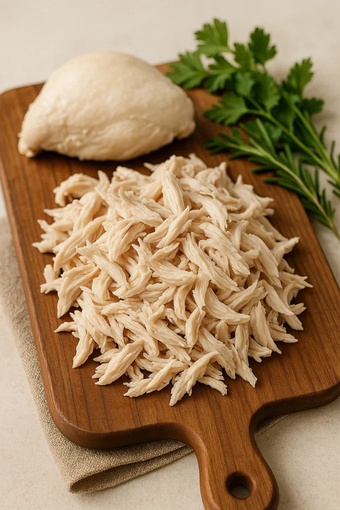 Perfectly shredded boiled chicken ready for quick weeknight meals, showcasing a foolproof technique.