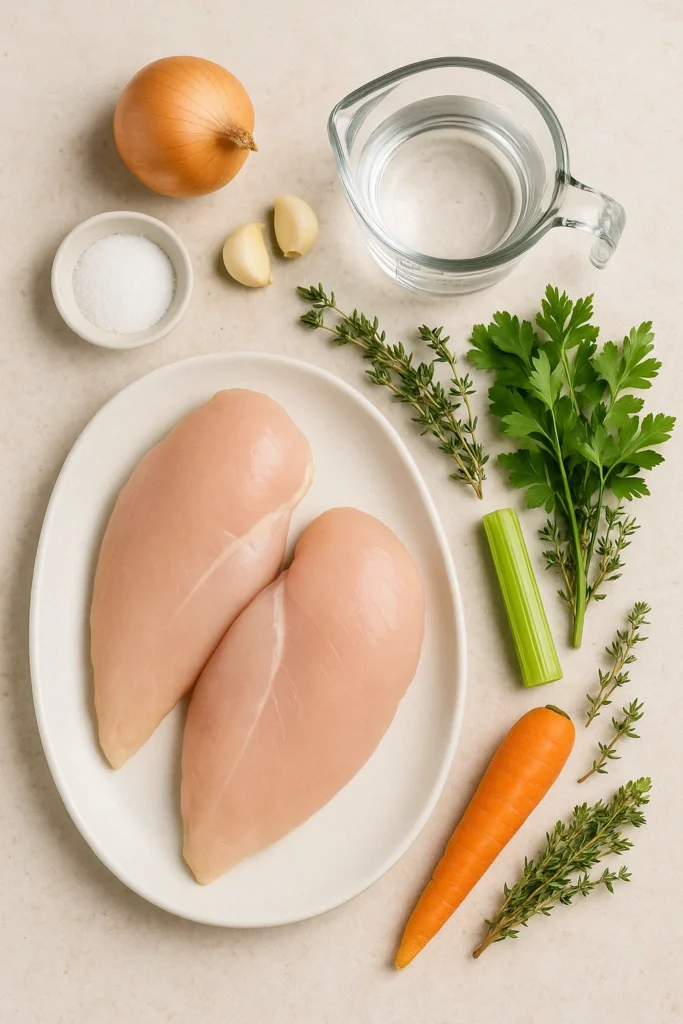 Simple ingredients for boiling chicken: chicken breasts, water, salt, and optional aromatics like onion and herbs.