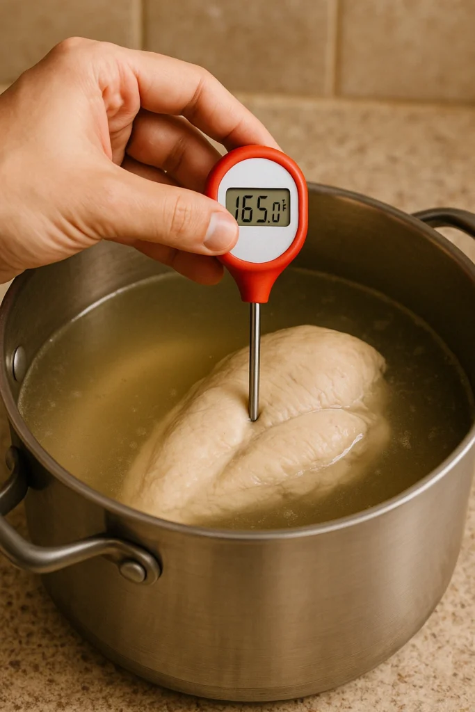 Checking boiled chicken doneness: Instant-read thermometer shows 165 degrees F in the thickest part, ensuring it's perfectly cooked.