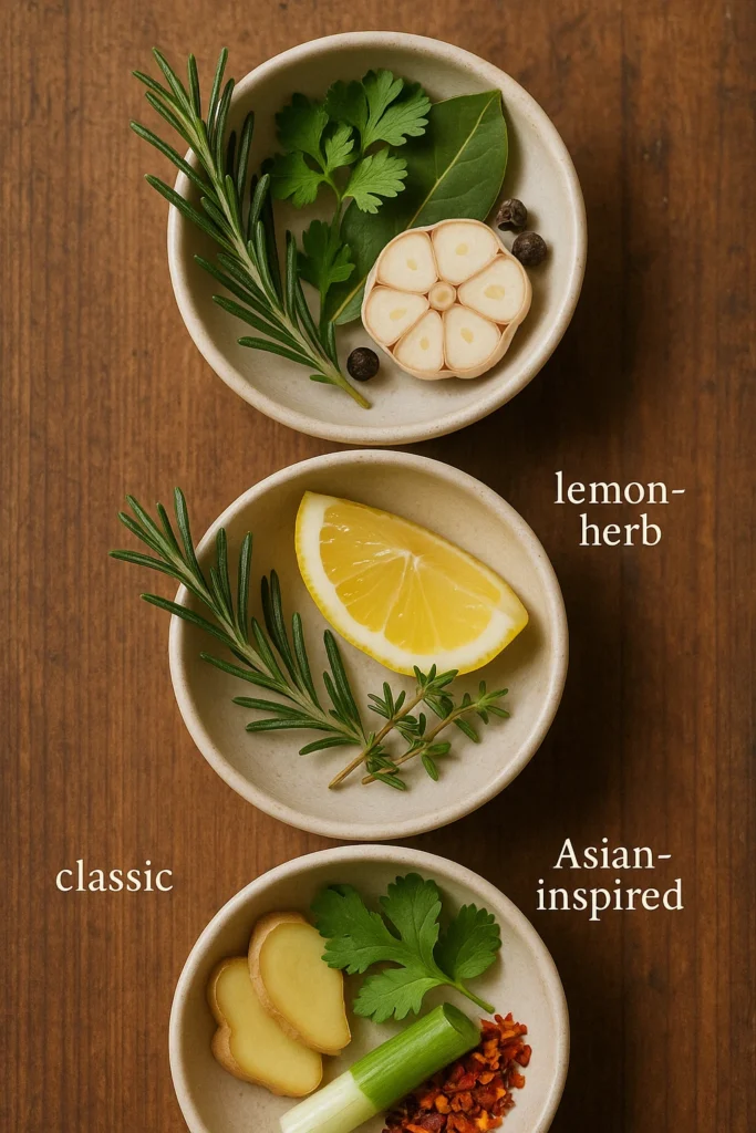 Flavor variations for boiling chicken: bowls with classic aromatics, lemon/herbs, and ginger/scallion.