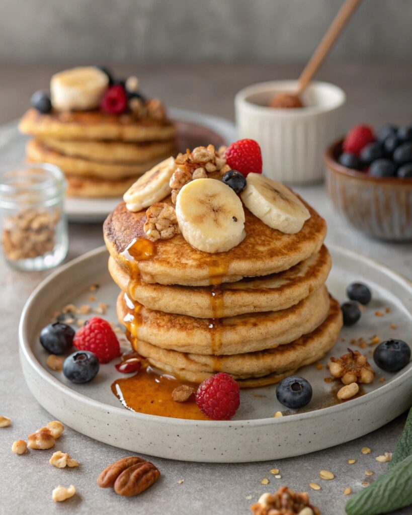 A perfect stack of fluffy banana protein pancakes, ready to eat.