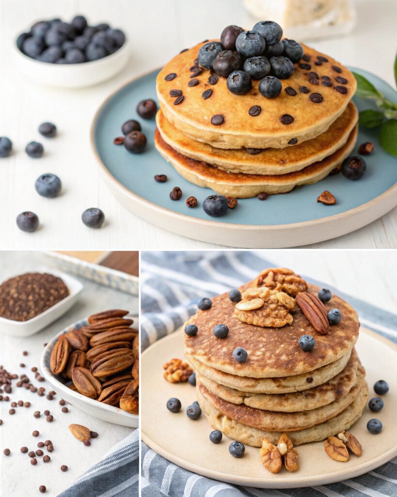 Variations on banana protein pancakes: with blueberries, chocolate chips, and walnuts.