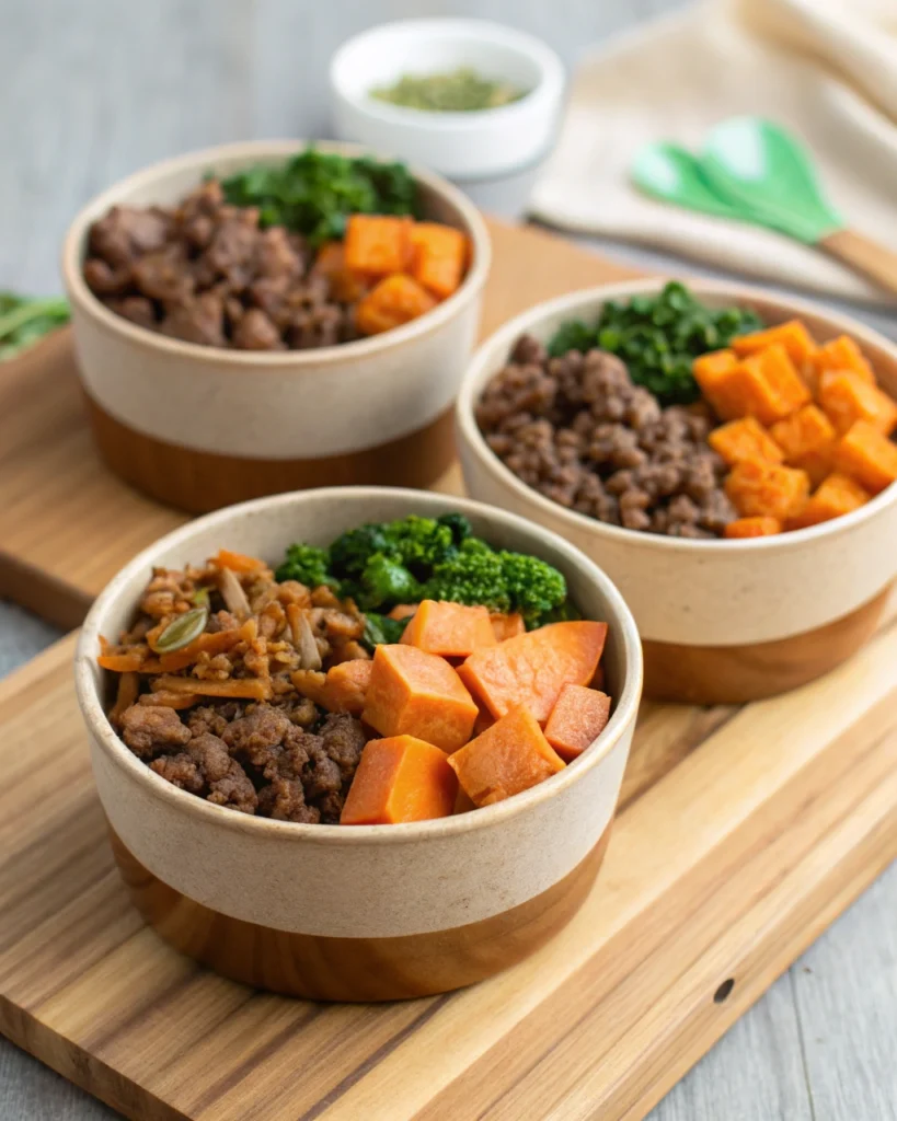Variations of the easy taco bowl recipe including beef and sweet potato options.