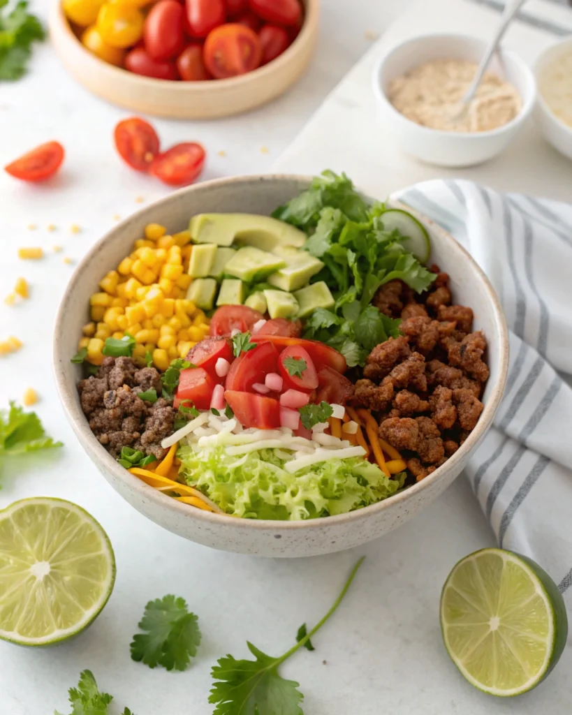 Final delicious and easy taco bowl recipe ready to serve.