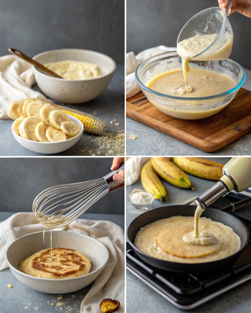Step-by-step visual guide to making banana protein pancakes.