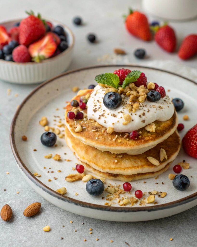 Healthy serving suggestion for banana protein pancakes with yogurt, berries, and nuts.