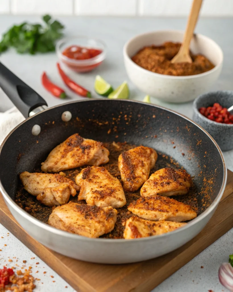 Cooking seasoned chicken for the foolproof taco bowl recipe.