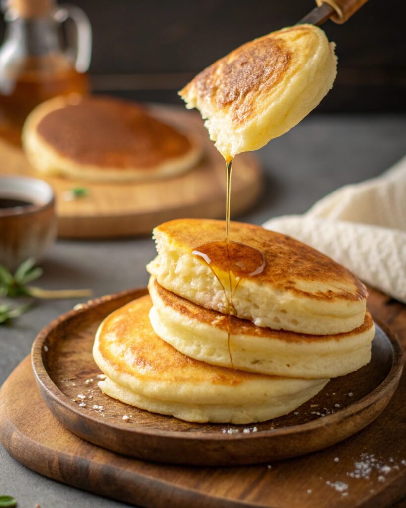 Close-up of a golden brown banana protein pancake being flipped in a pan.