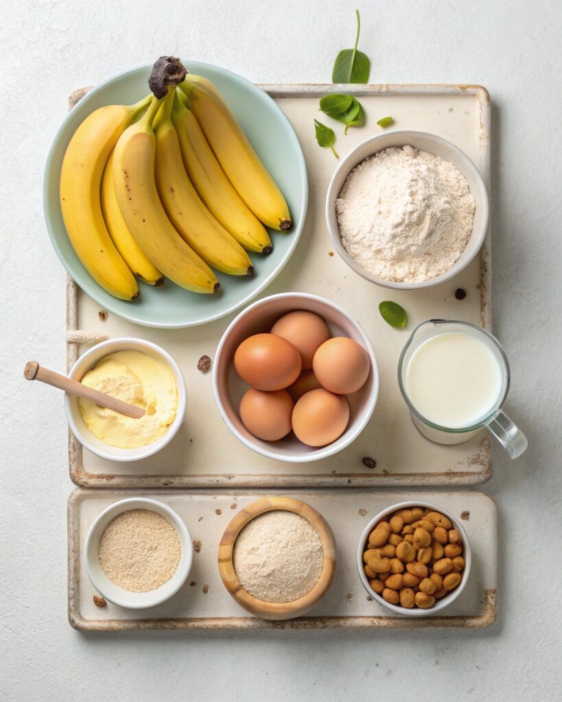 Ingredients for easy banana protein pancakes including ripe banana, protein powder, egg, milk, flour, and baking powder.