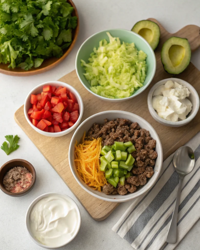 Ingredients for easy chicken taco bowl recipe including chicken, rice, beans, corn, and spices.