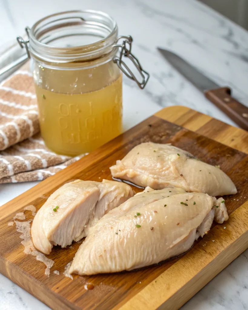 Juicy boiled chicken breasts resting on a cutting board after cooking, alongside a jar of valuable homemade chicken broth saved from the pot, ready for shredding.